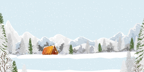 Winter landscape with snowing covering forest pine tree and mountains on blue sky, Panoramic Winter wonderland with farm house in village,Vector Horizontal banner for Christmas or New year background