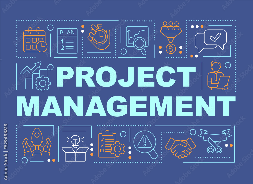 Poster project management word concepts dark blue banner. strategy. infographics with icons on color backgr