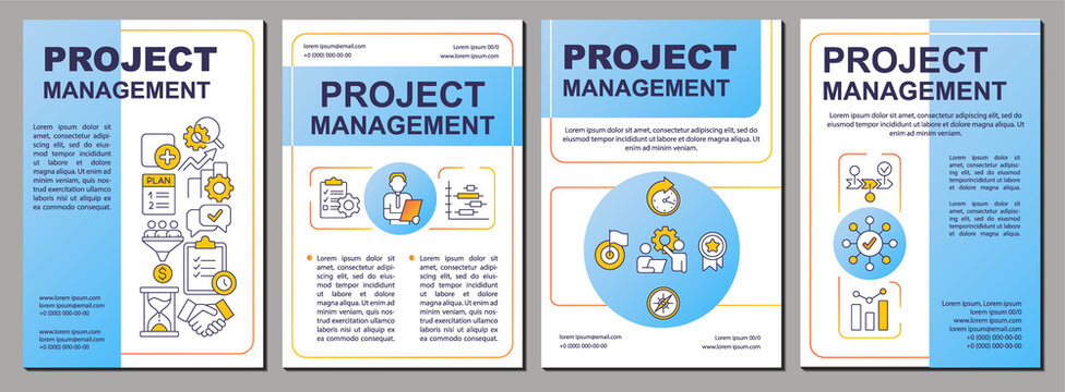 Project management blue brochure template. Business development. Leaflet design with linear icons. 4 raster layouts for presentation, annual reports