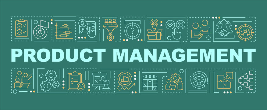 Product management word concepts dark green banner. Business. Infographics with icons on color background. Isolated typography. Raster illustration with text. Arial-Black font used