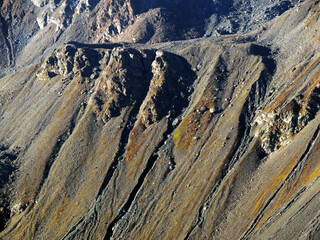 Erosion of rocks, stones and sand in the mountain massif of the Swiss Alps, Davos - Canton of...