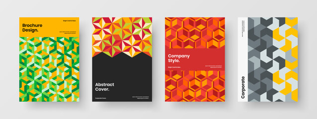 Fresh geometric tiles pamphlet template composition. Amazing journal cover vector design concept bundle.