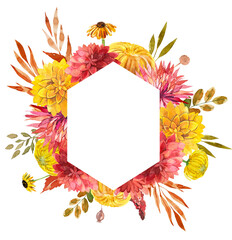 Hexagonal watercolor frame. Watercolor frame with autumn flowers. Fall foliage. PNG watercolor frame.  - 529497606