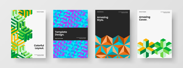 Multicolored front page A4 vector design concept composition. Unique geometric shapes magazine cover template set.