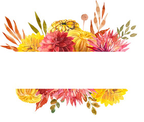 Floral watercolor frame. Watercolor frame with autumn flowers. Fall foliage. PNG watercolor frame.  - 529497677