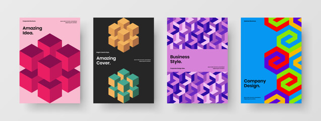 Vivid geometric shapes corporate brochure layout bundle. Multicolored front page A4 design vector template set.