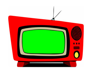 A cute red retro vintage television set, analog, with an antenna on top. Colorful sharp illustration. Green screen for easy removal.
