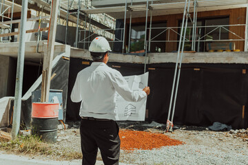 A architect looking at plan and thinking about working on big project. Building in construction process interior.