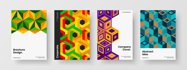 Obraz premium Vivid mosaic shapes company brochure layout composition. Clean magazine cover vector design template collection.