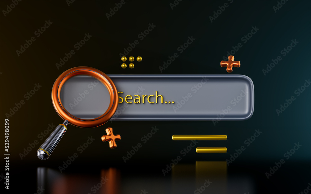 Poster magnify glass with search bar sign on dark background 3d render concept for internet browsing