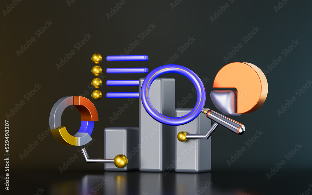 Poster business line chart with pie magnify glass on dark background 3d render concept for data research