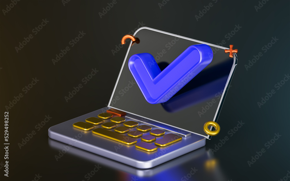Aufkleber laptop with checkmark on black background 3d render concept for online data safety checking