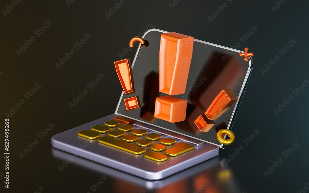 Poster laptop with exclamation sign on dark background 3d render concept for system warning
