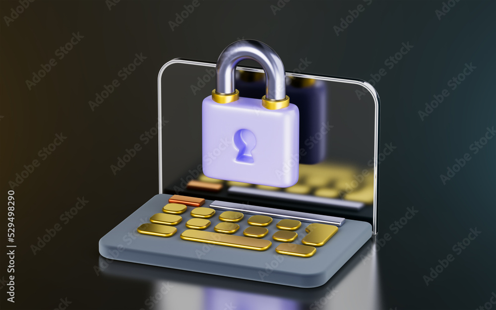 Poster laptop sign with padlock on dark background 3d render concept for computer protection