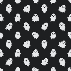 Seamless vector pattern with cute ghosts on the dark background.