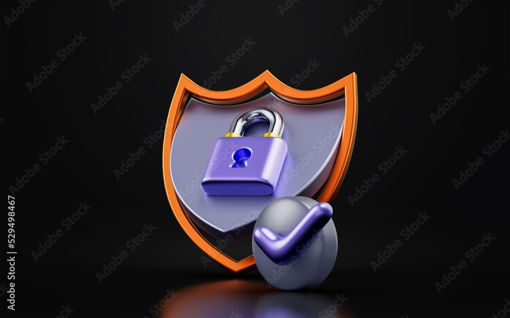Aufkleber security shield lock with check mark badge sign on dark background 3d render concept for privacy