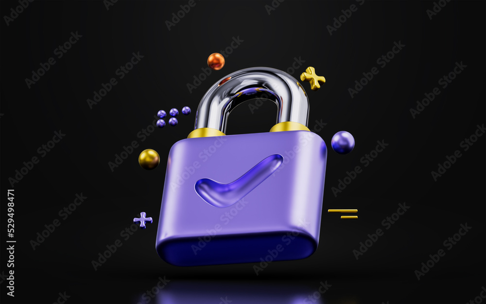 Poster padlock sign with check mark on dark background 3d render concept for safe protection