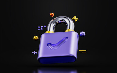 padlock sign with check mark on dark background 3d render concept for safe protection