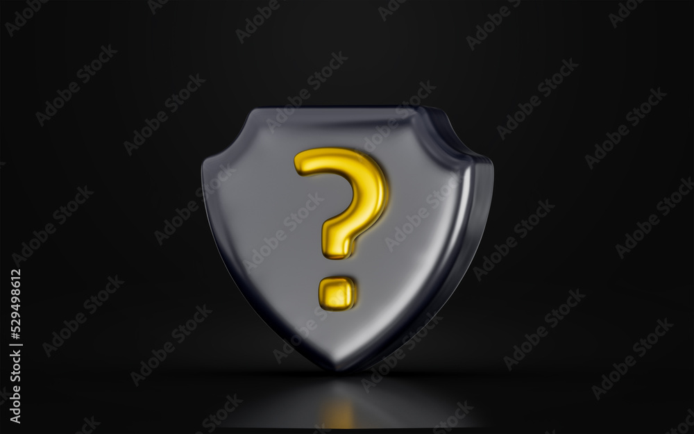 Poster security shield question mark sign on dark background 3d render concept for protection problem