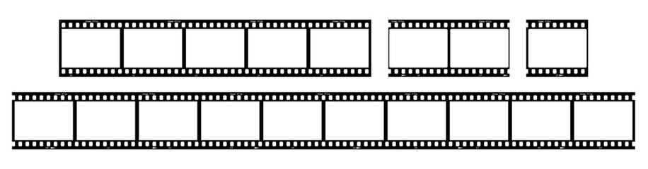 35mm film strip vector design frames set on white background. Black retro film reel symbol collection to use in photography, television, cinema, photo frame, memories, multimedia, film production.
