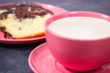 Cup of cappuccino and fresh baked yeast dough with cocoa. Delicious dessert