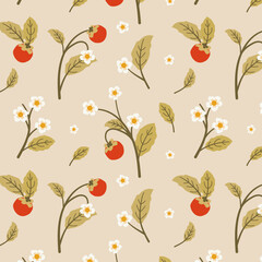 Charming vector pattern with red berries and white flowers. Botanical pattern of edible berries. Suitable for prints, backgrounds, wraps, fabrics, decorations.
