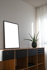 Modern Scandinavian interior with sideboard with plant and transparent frame