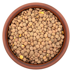 Top view of ceramic bowl with lentils . These nutritious legumes are high in protein and fiber. Zenith