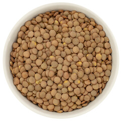 Top view of ceramic bowl with lentils . These nutritious legumes are high in protein and fiber. Zenith