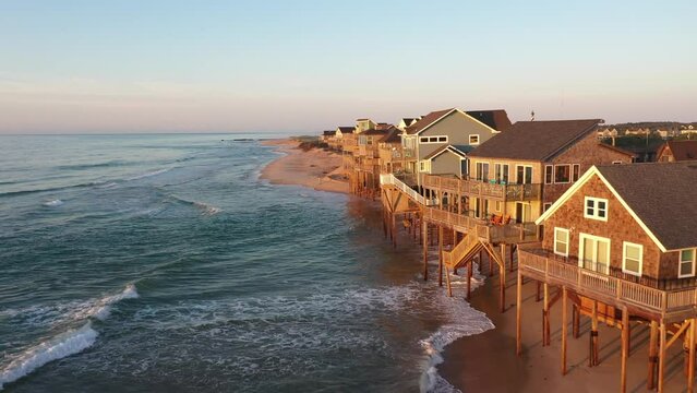 Aerial View Of Beach Homes Right On The Shoreline In Buxton North Carolina Outer Banks