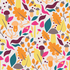 Seamless autumn pattern with leaves, mushrooms and acorns