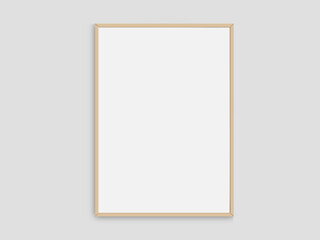 Realistic photo frame mockup. Portrait large a3, a4 wooden frame mockup on white blank wall....