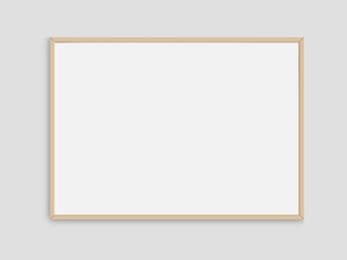 Realistic photo frame mockup. Landscape large a3, a4 wooden frame mockup on white blank wall. Simple, clean, modern, minimal poster frame. Horizontal white picture frame mockup. International paper a4