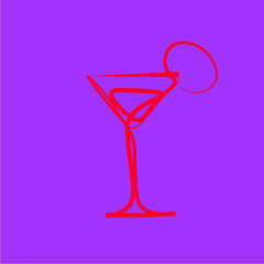 cocktail, red line drawing of a cocktail on a blue background