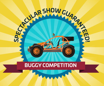 Off Road Buggy Car Competition Banner Vector Illustration. Outdoor Auto Racing, Extreme Terrain Vehicle Sport, Dune Buggy Race, Spectacular 4x4 Motor Show, Off Road Trophy Championship.
