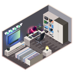Modern isometric bedroom. Interior with bed, tv, table PC, bookshelf. Vector illustration