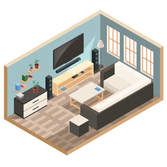 Modern isometric living room. Interior with sofa, tv, chest of drawers, bookshelves. Vector illustration
