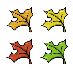 A set of autumn icons. Small orange, red and green autumn maple leaf, leaf fall, vector cartoon