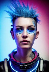 Realistic portrait of a fictional punk girl with blue hair. Hipster girl with punk hair. 3D render - obrazy, fototapety, plakaty