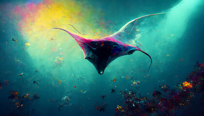 giant manta ray on the dark and colorful sea - obrazy, fototapety, plakaty