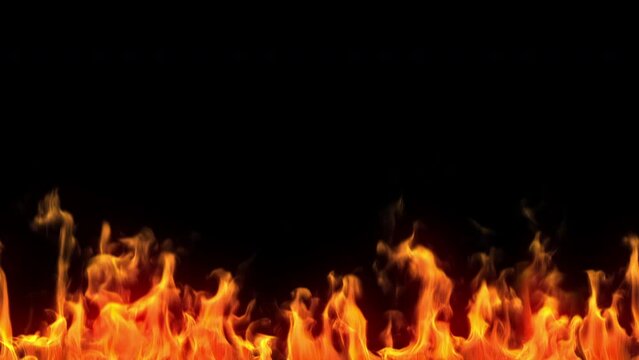 Super slow motion of flames isolated on black background. Realistic Fire. Loop able and tileable.