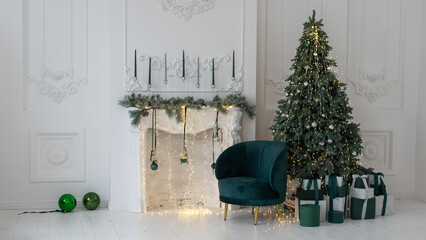 Classic Christmas decorated interior room, New year tree with gold decorations. Modern white classical style interior design apartment with Christmas tree. Christmas eve at home