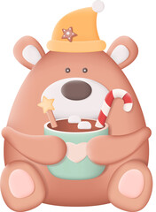 Cute Christmas Bear with Hot Chocolate Mug 3D Icon Graphic Illustration on Transparent Background
