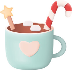 Christmas Hot Chocolate with Marshmallows and Candy Cane 3D Icon Graphic Illustration on Transparent Background - 529503639