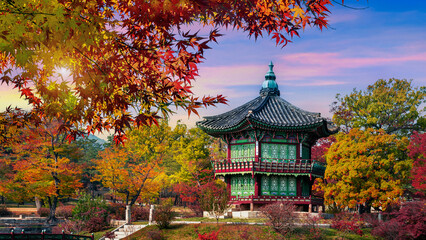 Gyeongbokgung Palace at sunset, Autumn seasons in Seoul, South Korea.