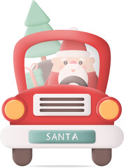 Cartoon Christmas Car with Santa Claus Front View 3D Icon Graphic Illustration on Transparent Background