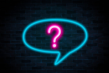 Question sign symbol neon banner on brick wall background with copy space.