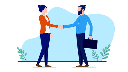 Handshake man and woman - Businessman and businesswoman shaking hands over business deal and agreement. Flat design vector illustration with white background
