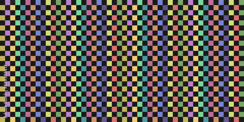 Poster black checkers and colored lining. checkerboard pattern vector seamless, colored and black cells.