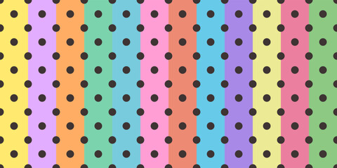 Polka dots with striped background. Vector simple pattern with polka dots and colored stripes on the lining. Print and decor interior design. © Crashik